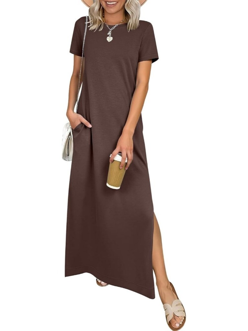Women's Brown Crewneck Summer Casual Maxi Dress Short Sleeve Split Long Sundress